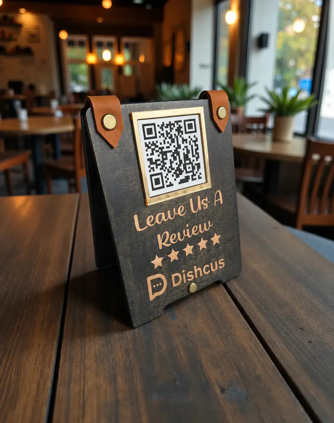Dishcus QR table tent in a restaurant for private guest feedback